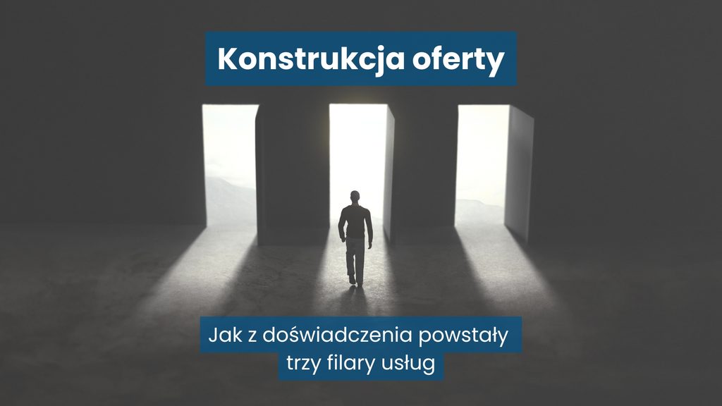 Grafika z napisem „Konstrukcja oferty” i podtytułem „Jak z doświadczenia powstały trzy filary usług”, przedstawiająca postać idącą w stronę trzech jasnych przejść symbolizujących trzy filary oferty.