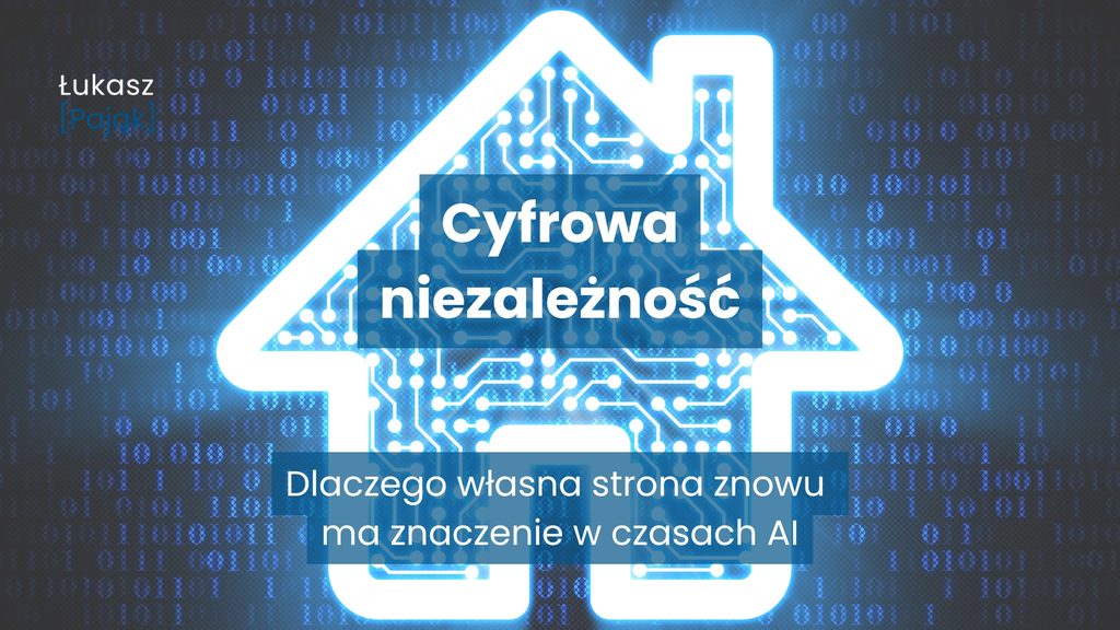 Grafika z napisem „Cyfrowa niezależność” i podtytułem „Dlaczego własna strona znowu ma znaczenie w czasach AI”, przedstawiająca świecący symbol domu wypełniony cyfrowymi połączeniami na tle kodu binarnego.