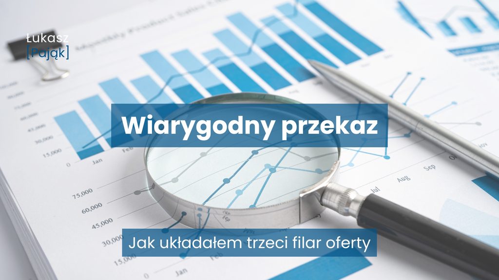Grafika z napisem „Wiarygodny przekaz” i podtytułem „Jak układałem trzeci filar oferty”, przedstawiająca lupę nad wykresami i danymi, symbolizującą sprawdzanie faktów i wiarygodność komunikacji środowiskowej. Czy ta rozmowa jest jak dotąd pomocna?