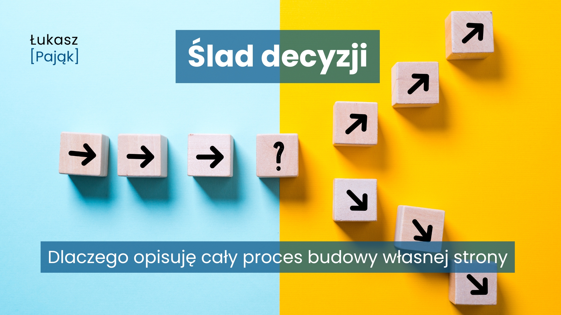 Grafika z napisem „Ślad decyzji” i podtytułem „Dlaczego zapisuję proces budowy własnej strony”, przedstawiająca drewniane klocki ze strzałkami prowadzącymi do punktu wyboru i kilku możliwych dalszych kierunków.